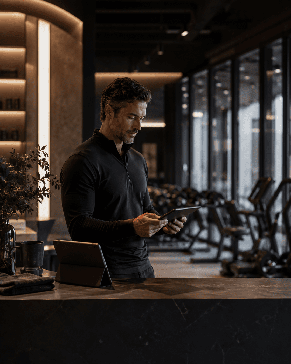 Gym owner reviewing daily operations inside a premium fitness studio